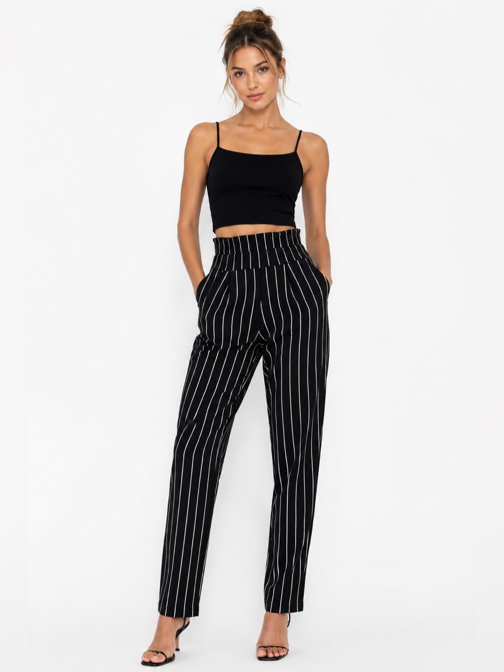 Quiet‎ Luxury Pinstripe Tapered Pants | Black White High Waist Trouser xxs